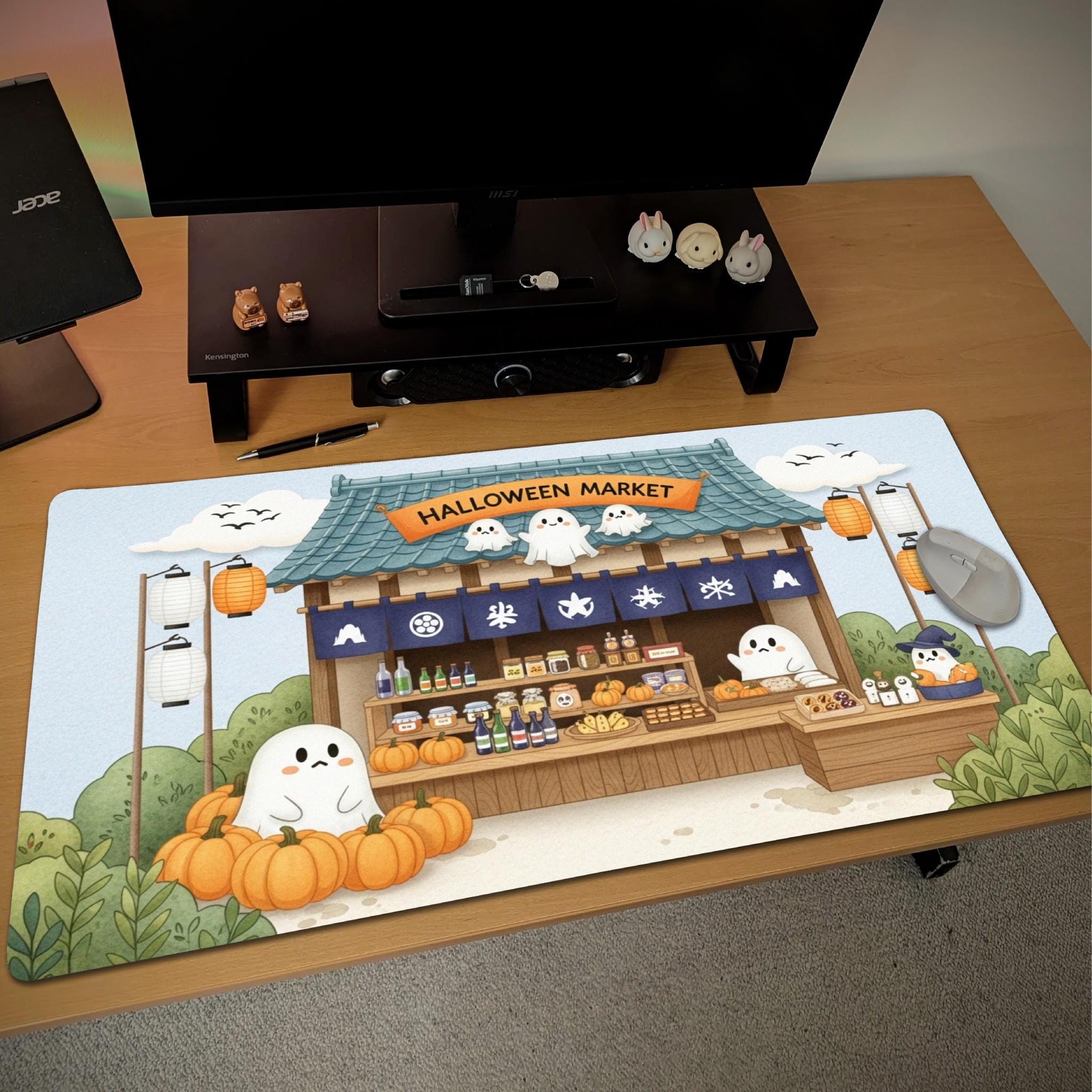 Halloween Market Desk Mat | Kawaii Ghost Stall Drawing, Orange Blue Aesthetic | Autumn Cozy Office Decor