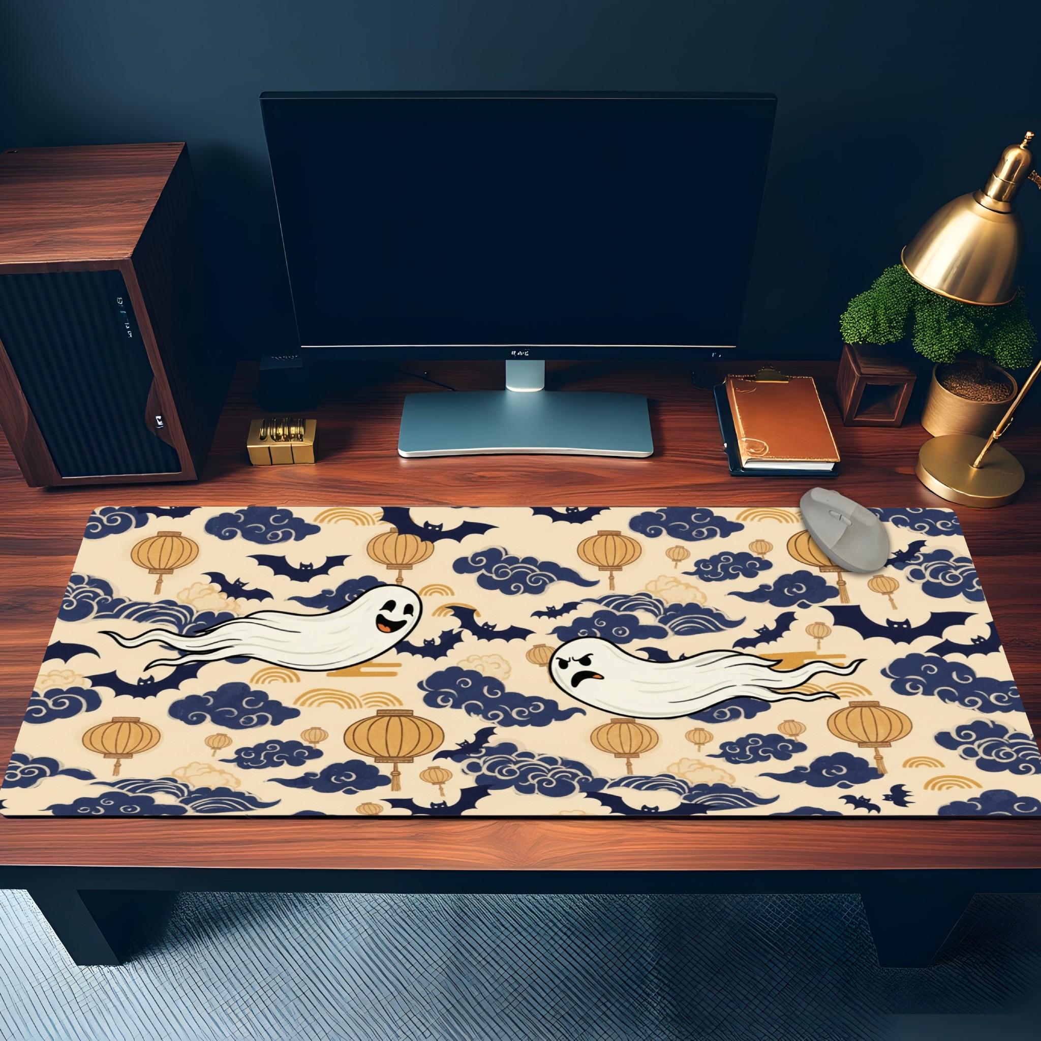 Cute Ghost Desk Mat | Japanese Clouds and Lantern Mouse Pad | Navy Gold Pattern, Kawaii Office Decor
