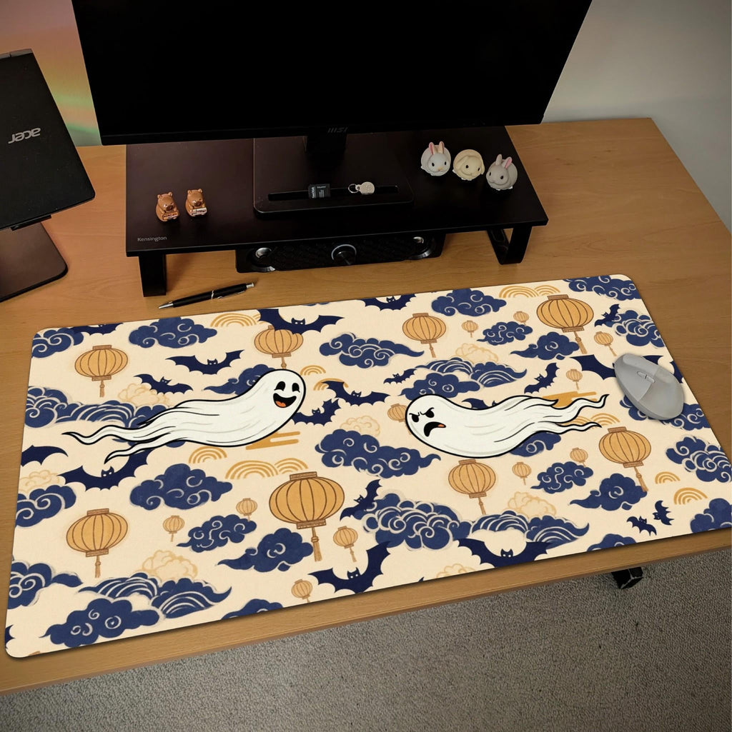 Cute Ghost Desk Mat | Japanese Clouds and Lantern Mouse Pad | Navy Gold Pattern, Kawaii Office Decor