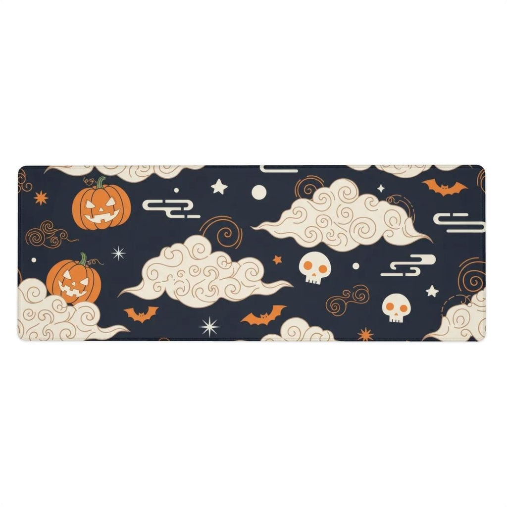 Japanese Cloud Desk Mat | Halloween Pumpkin Skull Mouse Pad | Orange Navy Bat Patterns
