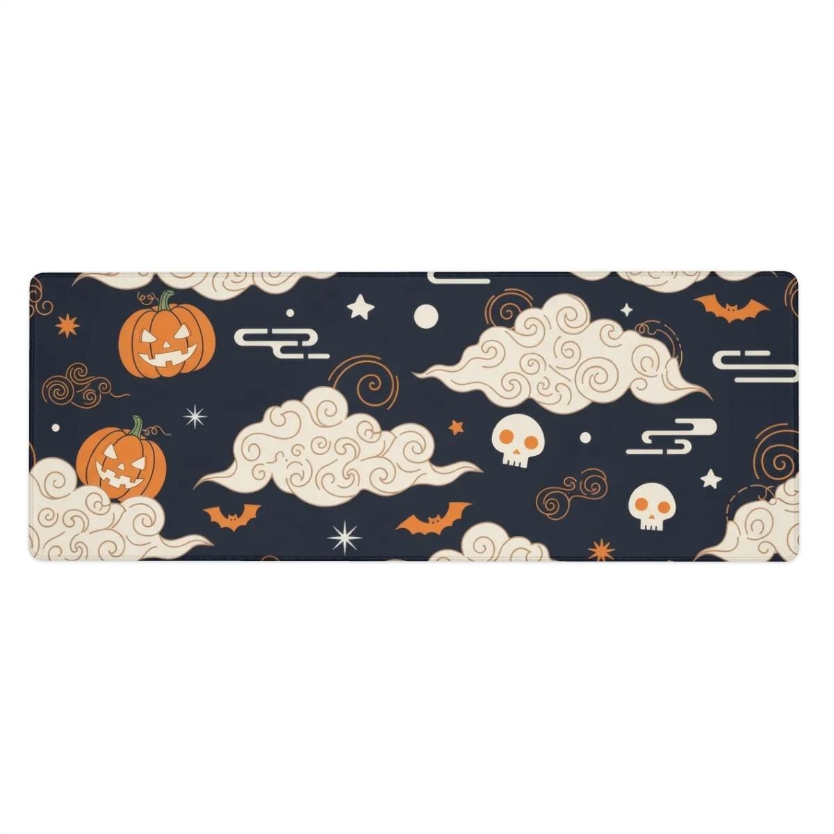 Japanese Cloud Desk Mat | Halloween Pumpkin Skull Mouse Pad | Orange Navy Bat Patterns