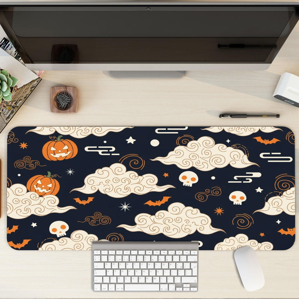 Japanese Cloud Desk Mat | Halloween Pumpkin Skull Mouse Pad | Orange Navy Bat Patterns