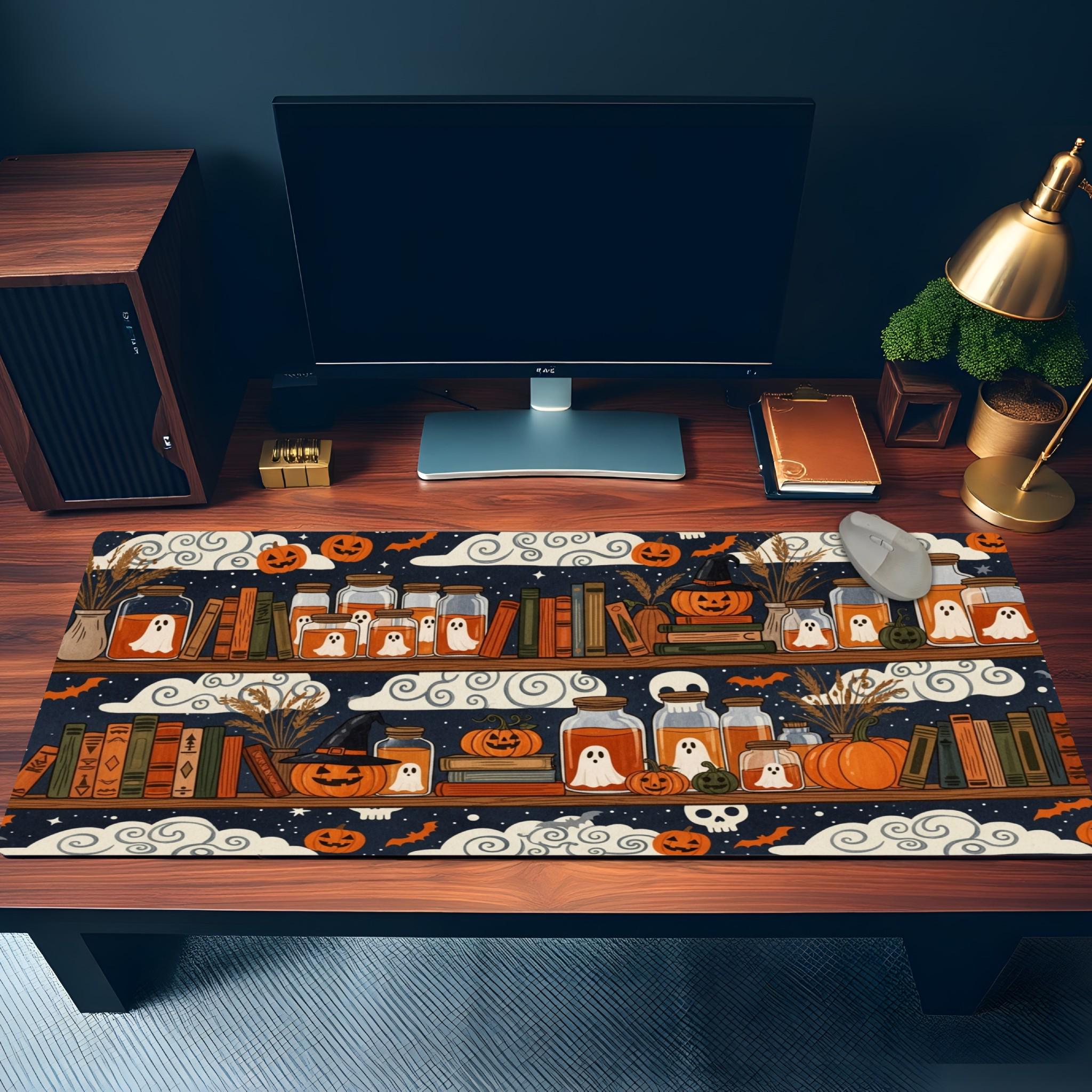 Halloween Witchy Shelf Desk Mat | Ghost Pumpkin Mouse Pad | Spooky Autumn Desk Decor