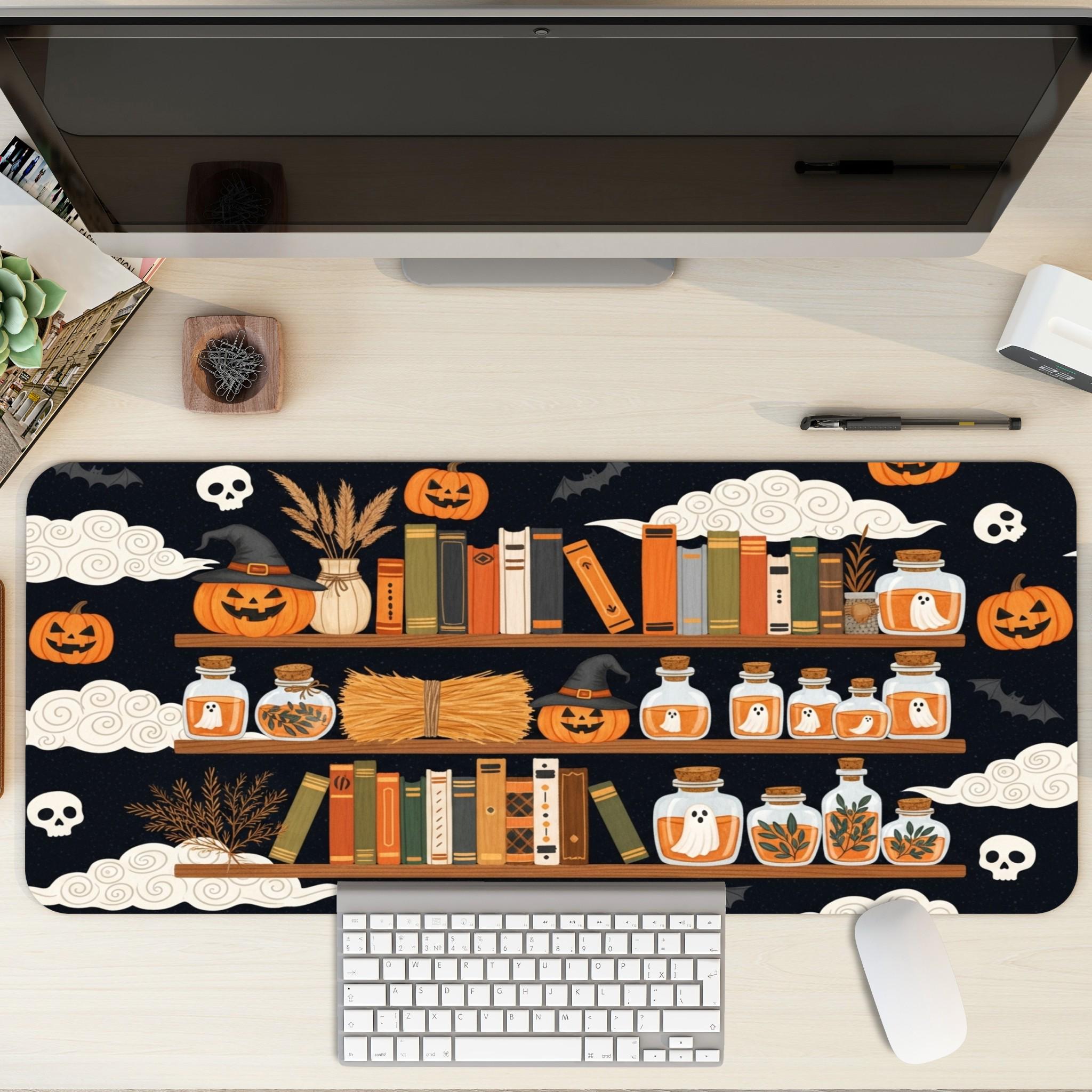 Halloween Bookshelf Desk Mat |  Cartoon Cottagecore Mouse Pad | Ghosts, Pumpkin Skulls, Witch Autumn Office Decor