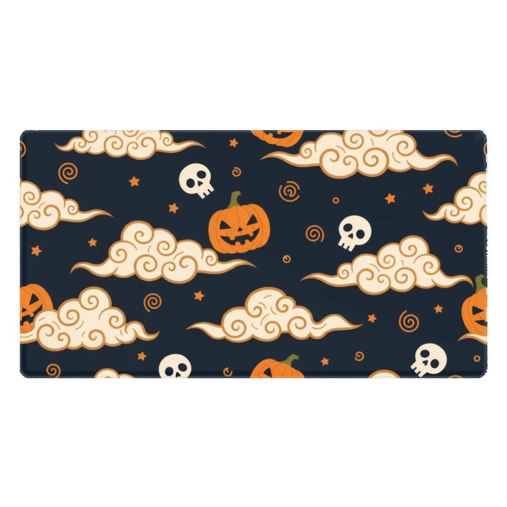 Japanese Halloween Desk Mat | Pumpkin Skull Mouse Pad | Orange Navy Cloud Pattern, Asian Aesthetic Office Decor