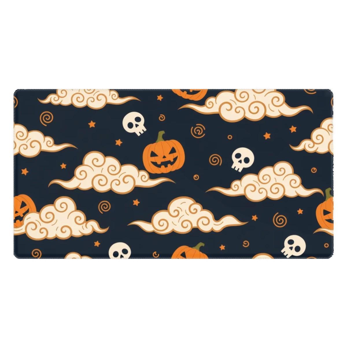Japanese Halloween Desk Mat | Pumpkin Skull Mouse Pad | Orange Navy Cloud Pattern, Asian Aesthetic Office Decor