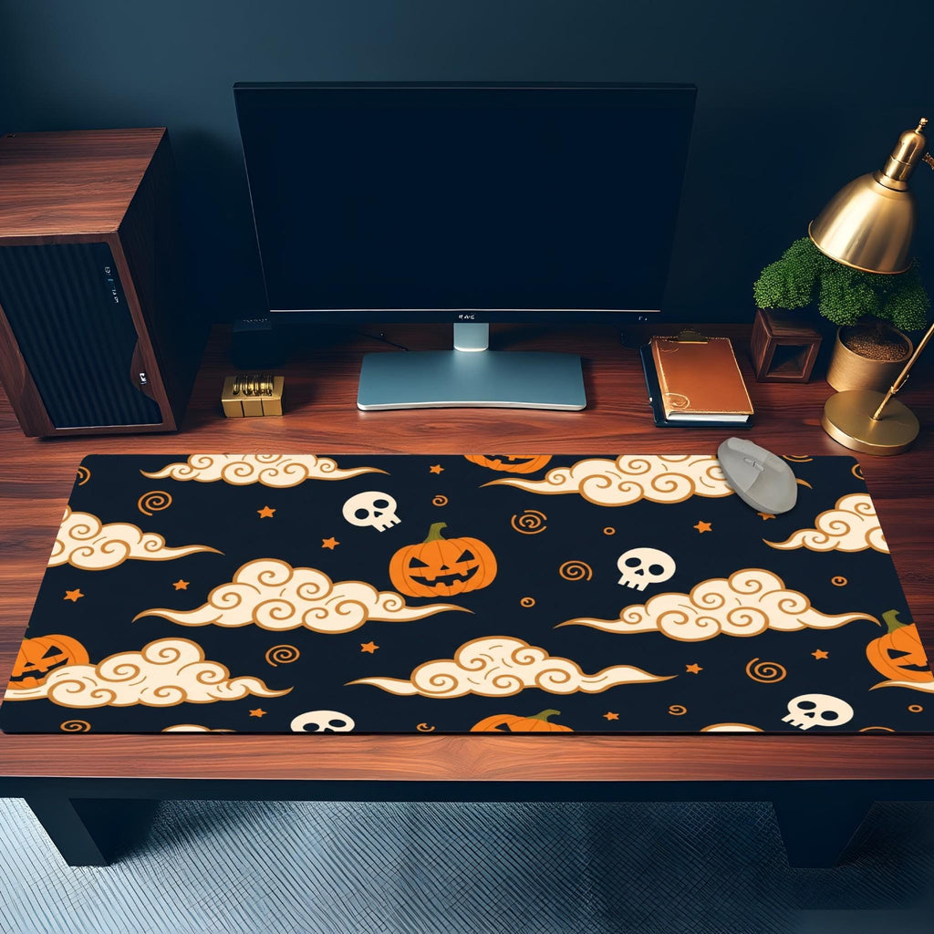 Japanese Halloween Desk Mat | Pumpkin Skull Mouse Pad | Orange Navy Cloud Pattern, Asian Aesthetic Office Decor