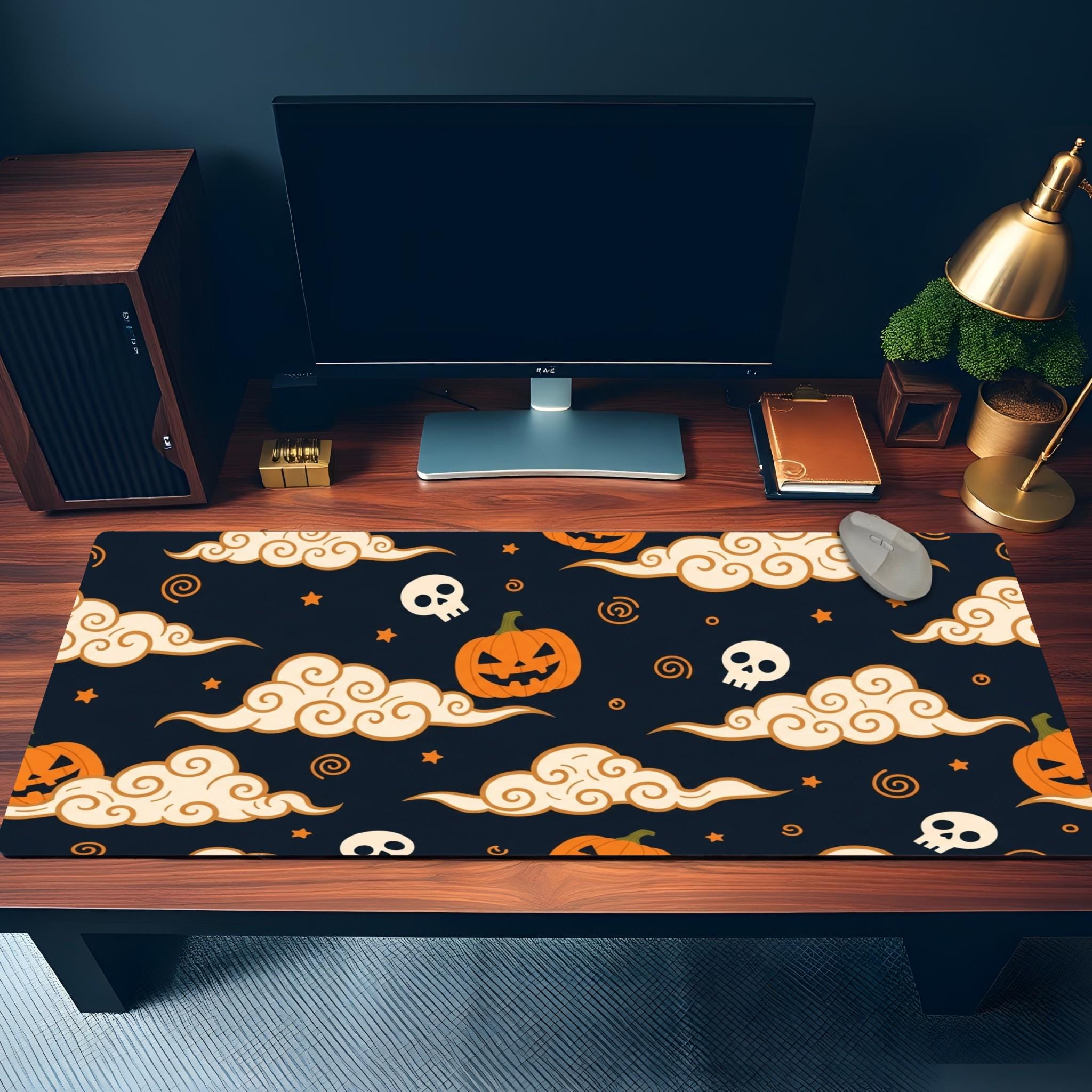 Japanese Halloween Desk Mat | Pumpkin Skull Mouse Pad | Orange Navy Cloud Pattern, Asian Aesthetic Office Decor