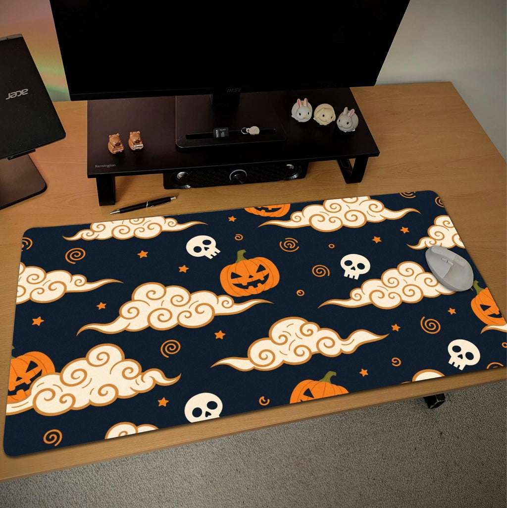 Japanese Halloween Desk Mat | Pumpkin Skull Mouse Pad | Orange Navy Cloud Pattern, Asian Aesthetic Office Decor