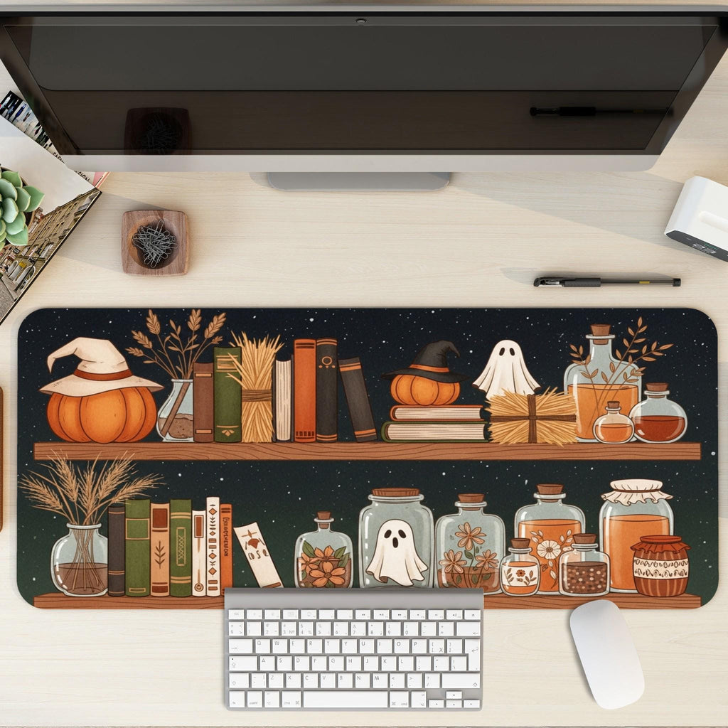 Witch Shelf Desk Mat| Witch Pumpkin Mouse Pad | Large Autumn Gaming Pad, Orange Brown Ghost Bottles, Cozy Fall Office Decor, Mousepad