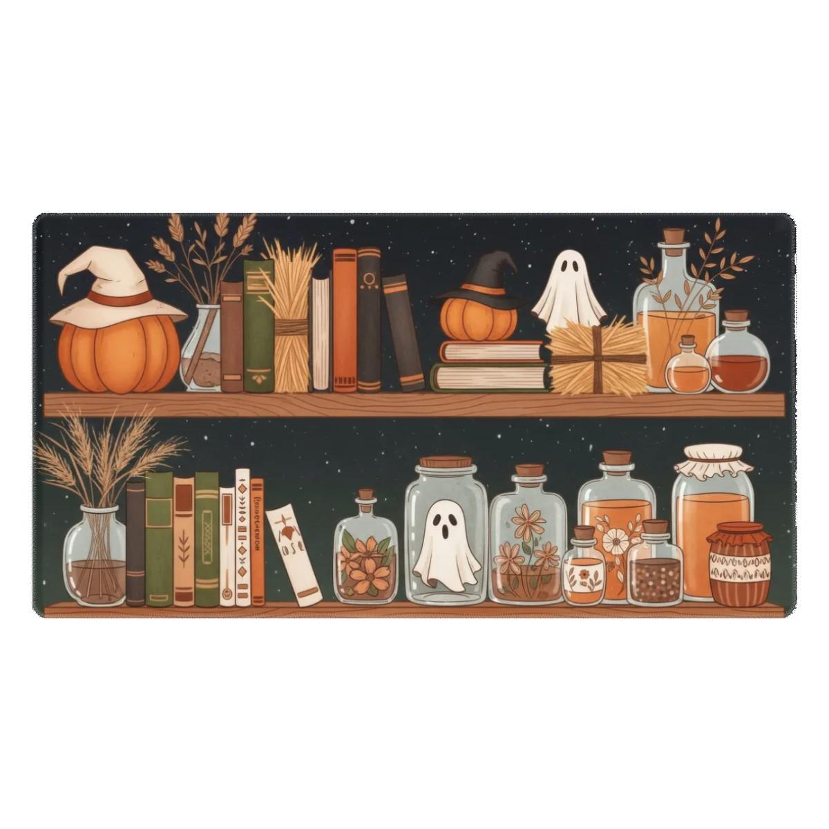 Witch Shelf Desk Mat| Witch Pumpkin Mouse Pad | Large Autumn Gaming Pad, Orange Brown Ghost Bottles, Cozy Fall Office Decor, Mousepad