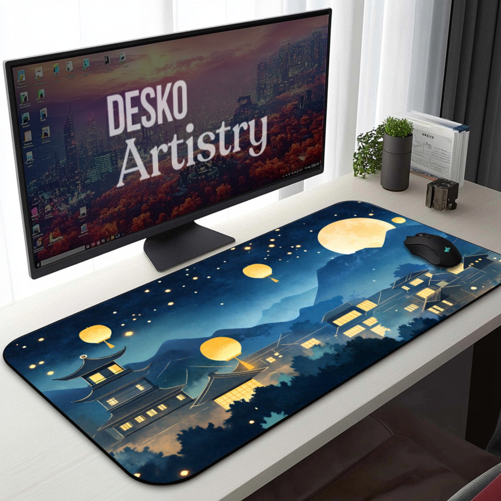 Moonlight Lantern Village Desk Mat | Dreamy Starry Night | Aesthetic Japanese Mousepad