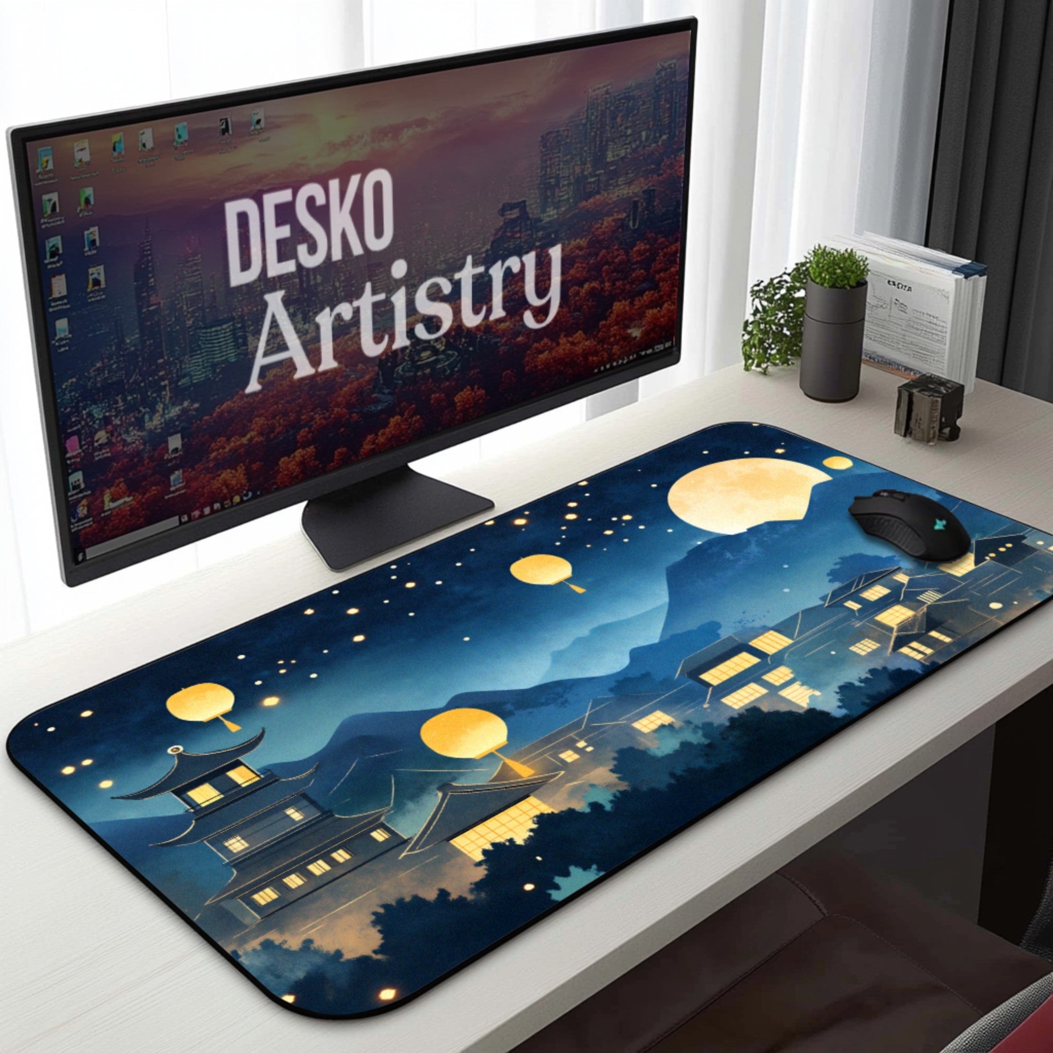 Moonlight Lantern Village Desk Mat | Dreamy Starry Night | Aesthetic Japanese Mousepad